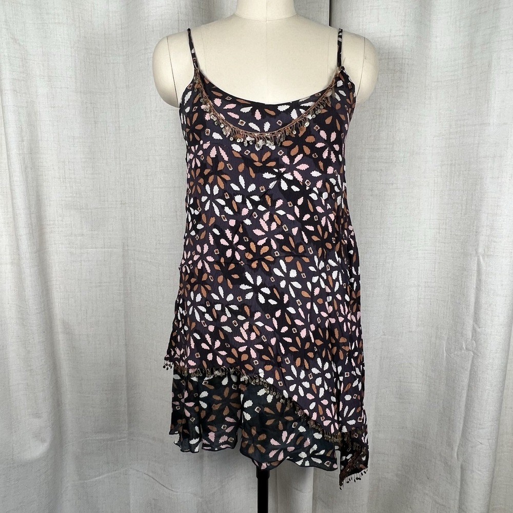 Free People FP One Navy Floral Print Asymmetric Hem Mini Gypsy Dress Sequins XS